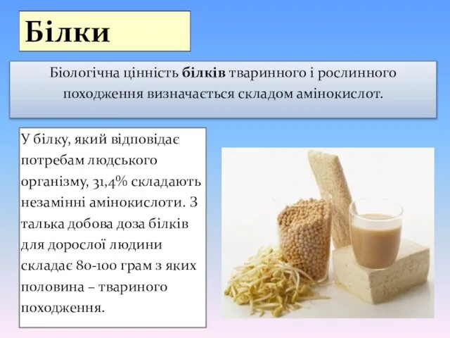 Біологічна цінність білків тваринного і рослинного походження визначається складом амінокислот. У