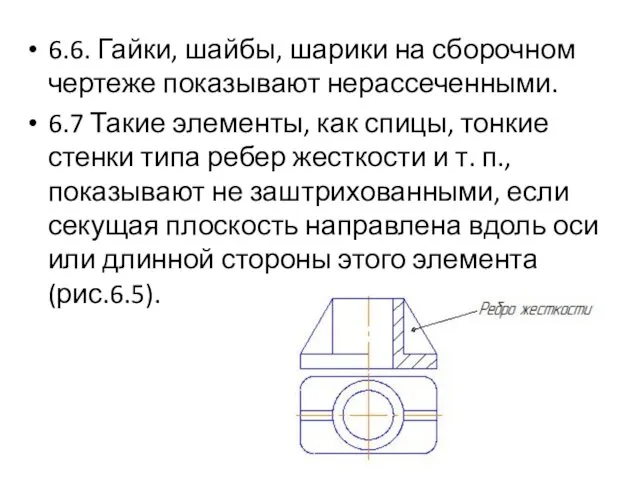 6.6. Гайки, шайбы, шарики на сборочном чертеже показывают нерассеченными. 6.7 Такие