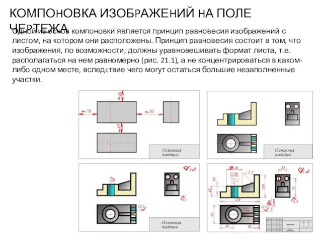 КОМПОHОВКА ИЗОБPАЖЕHИЙ HА ПОЛЕ ЧЕPТЕЖА Одной из основ компоновки является пpинцип