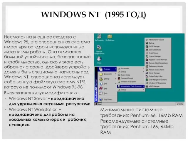 WINDOWS NT (1995 ГОД) Несмотря на внешнее сходство с Windows 95,