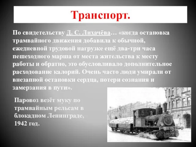 Транспорт. По свидетельству Д. С. Лихачёва… «когда остановка трамвайного движения добавила