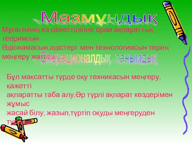 Мазмұндық Мұғалімнің өз қажеттілігіне орай ақпараттық теориясын Әдіснамасын,әдістері мен технологиясын терең