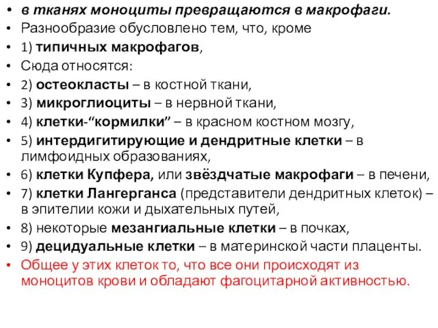 в тканях моноциты превращаются в макрофаги. Разнообразие обусловлено тем, что, кроме