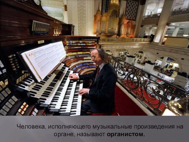 Человека, исполняющего музыкальные произведения на органе, называют органистом.
