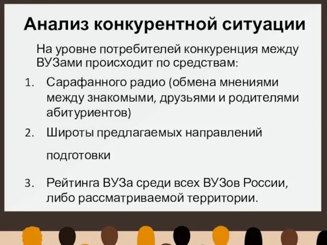 Анализ конкурентной ситуации На уровне потребителей конкуренция между ВУЗами происходит по