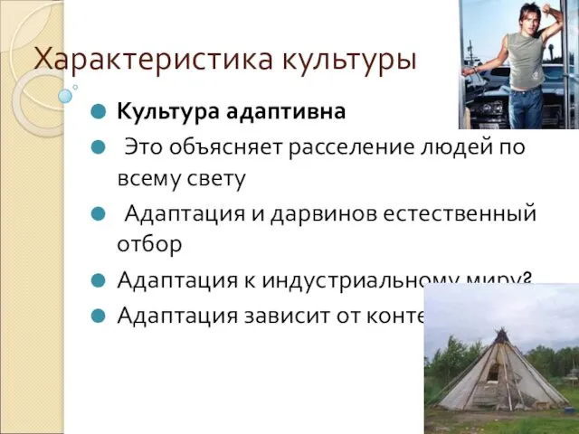 Характеристика культуры Культура адаптивна Это объясняет расселение людей по всему свету