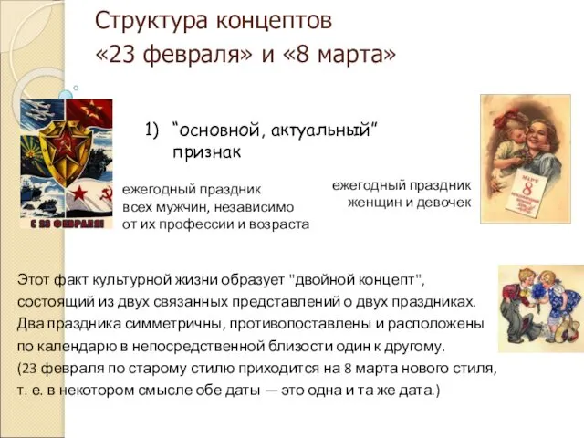 Структура концептов «23 февраля» и «8 марта» “основной, актуальный” признак Этот