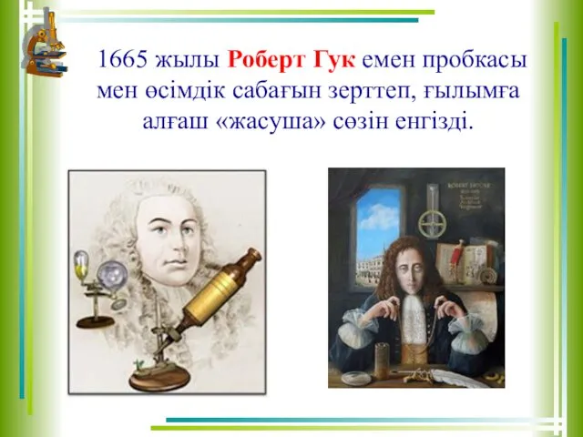 1665 жылы Роберт Гук емен пробкасы мен өсімдік сабағын зерттеп, ғылымға алғаш «жасуша» сөзін енгізді.