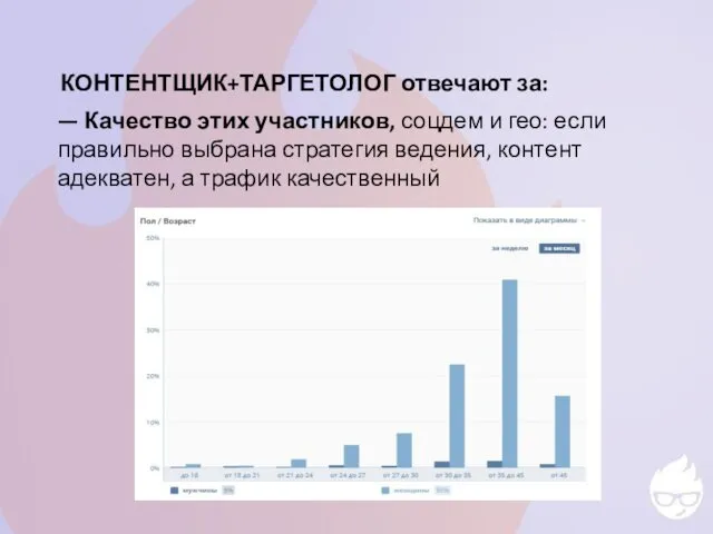 КОНТЕНТЩИК+ТАРГЕТОЛОГ отвечают за: — Качество этих участников, соцдем и гео: если