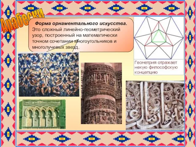 Арабески Форма орнаментального искусства. Это сложный линейно-геометрический узор, построенный на математически