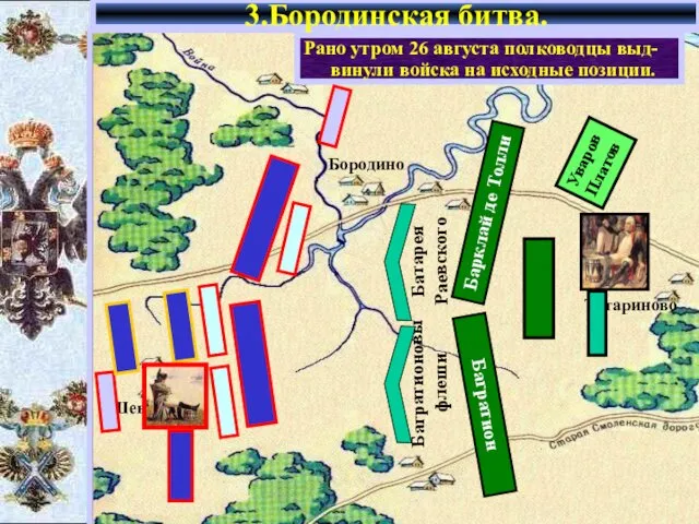 3.Бородинская битва. Рано утром 26 августа полководцы выд-винули войска на исходные