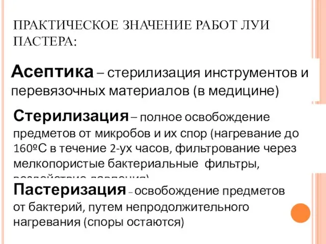 ПРАКТИЧЕСКОЕ ЗНАЧЕНИЕ РАБОТ ЛУИ ПАСТЕРА: Асептика – стерилизация инструментов и перевязочных