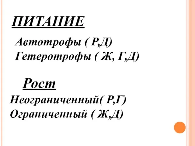 ПИТАНИЕ Автотрофы ( Р,Д) Гетеротрофы ( Ж, Г,Д) Рост Неограниченный( Р,Г) Ограниченный ( Ж,Д)