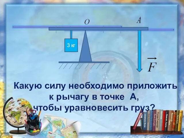 3 кг Какую силу необходимо приложить к рычагу в точке А, чтобы уравновесить груз?