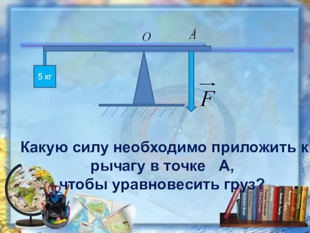 5 кг Какую силу необходимо приложить к рычагу в точке А, чтобы уравновесить груз?