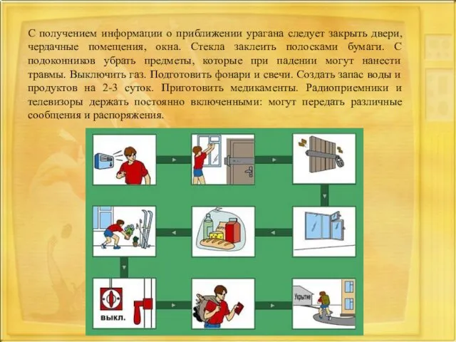 С получением информации о приближении урагана следует закрыть двери, чердачные помещения,