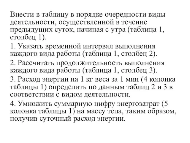 Внести в таблицу в порядке очередности виды деятельности, осуществленной в течение