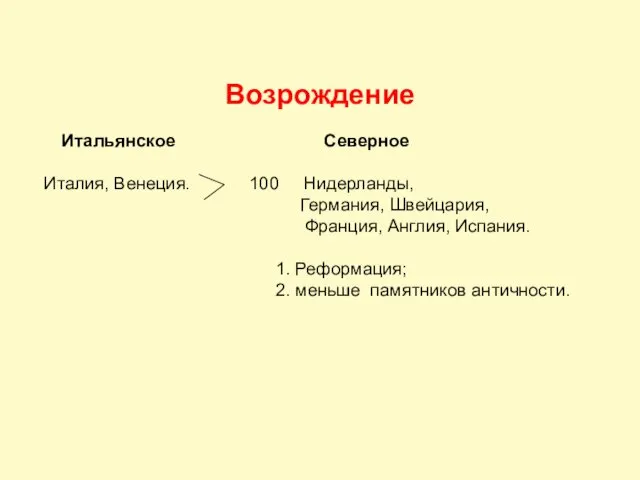 Возрождение Итальянское Северное Италия, Венеция. 100 Нидерланды, Германия, Швейцария, Франция, Англия,