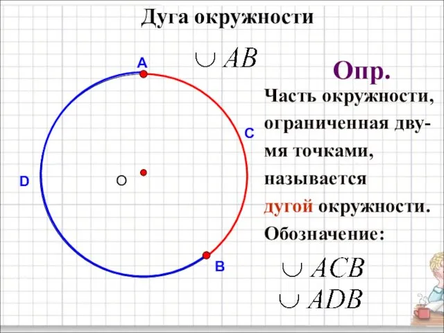 Дуга окружности С Опр. Часть окружности, ограниченная дву- мя точками, называется дугой окружности. Обозначение: