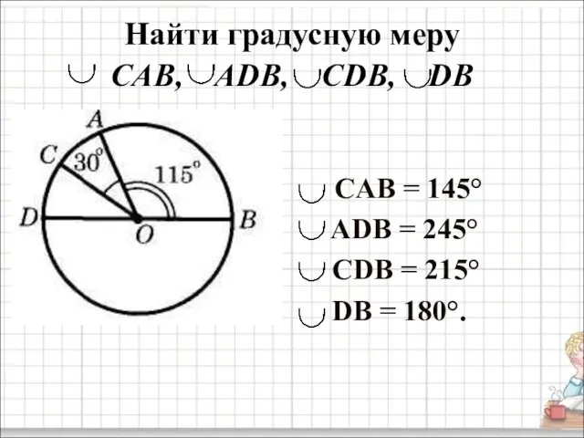 Найти градусную меру CAB, ADB, CDB, DB CAB = 145° ADB