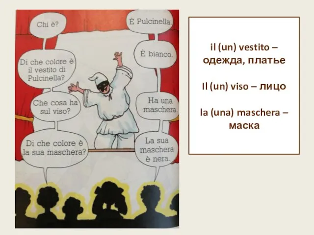 il (un) vestito – одежда, платье Il (un) viso – лицо la (una) maschera – маска