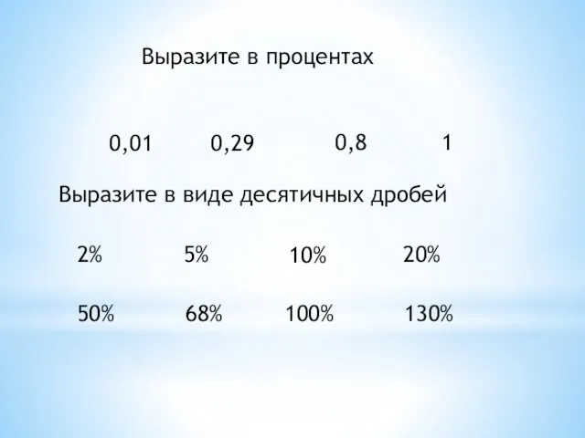 Выразите в процентах 0,01 0,29 0,8 1 Выразите в виде десятичных