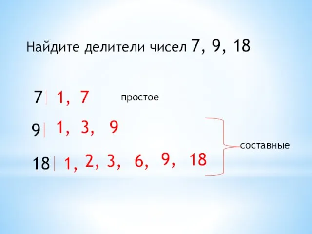 Найдите делители чисел 7, 9, 18 7 1, 7 9 1,