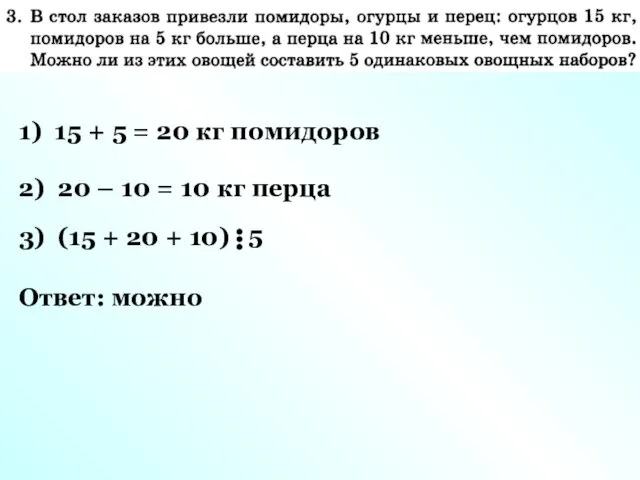 1) 15 + 5 = 20 кг помидоров 2) 20 –