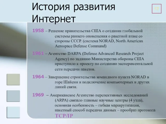 История развития Интернет 1958 – Решение правительства США о создании глобальной