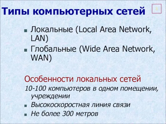 Типы компьютерных сетей Локальные (Local Area Network, LAN) Глобальные (Wide Area