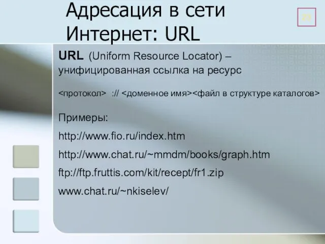 :// Примеры: http://www.fio.ru/index.htm http://www.chat.ru/~mmdm/books/graph.htm ftp://ftp.fruttis.com/kit/recept/fr1.zip www.chat.ru/~nkiselev/ Адресация в сети Интернет: URL