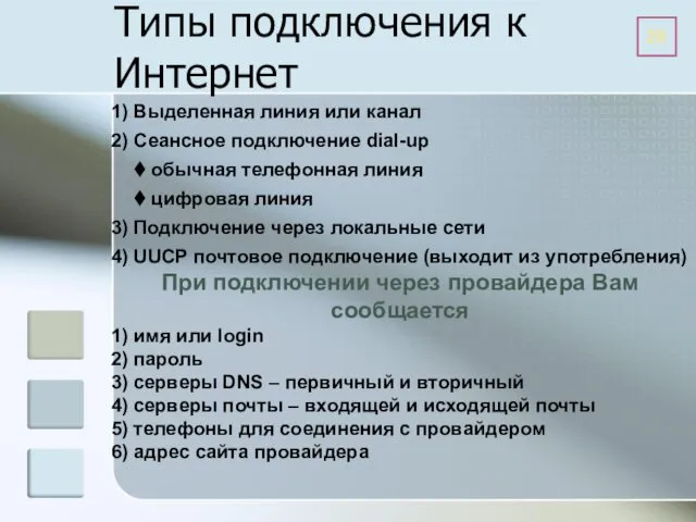 1) Выделенная линия или канал 2) Сеансное подключение dial-up обычная телефонная