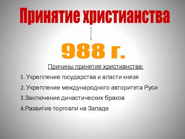 Принятие христианства Причины принятия христианства: 1. Укрепление государства и власти князя