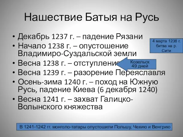 Нашествие Батыя на Русь Декабрь 1237 г. – падение Рязани Начало