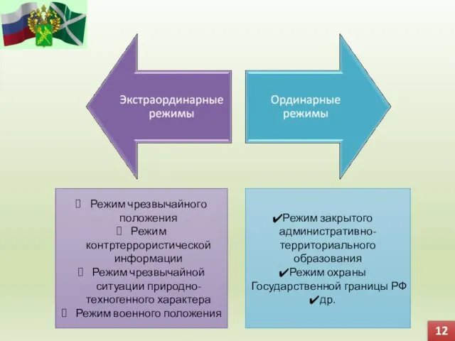 12 Режим чрезвычайного положения Режим контртеррористической информации Режим чрезвычайной ситуации природно-техногенного