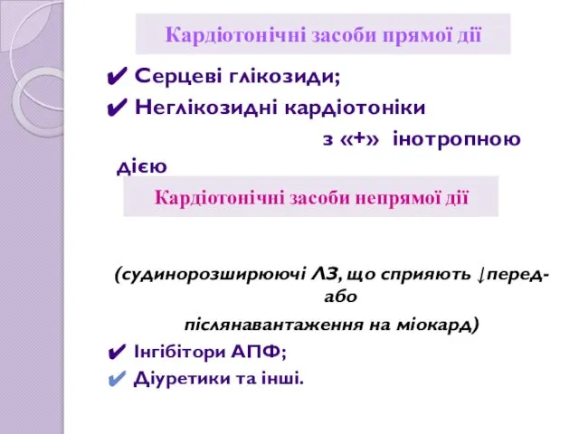 Кардіотонічні засоби прямої дії Серцеві глікозиди; Неглікозидні кардіотоніки з «+» інотропною