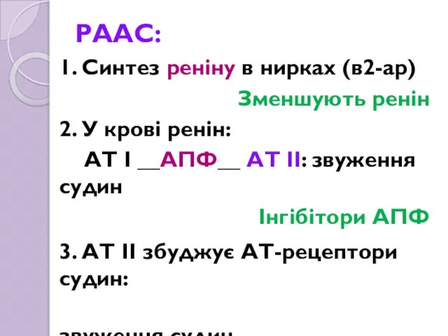 РААС: 1. Синтез реніну в нирках (в2-ар) Зменшують ренін 2. У