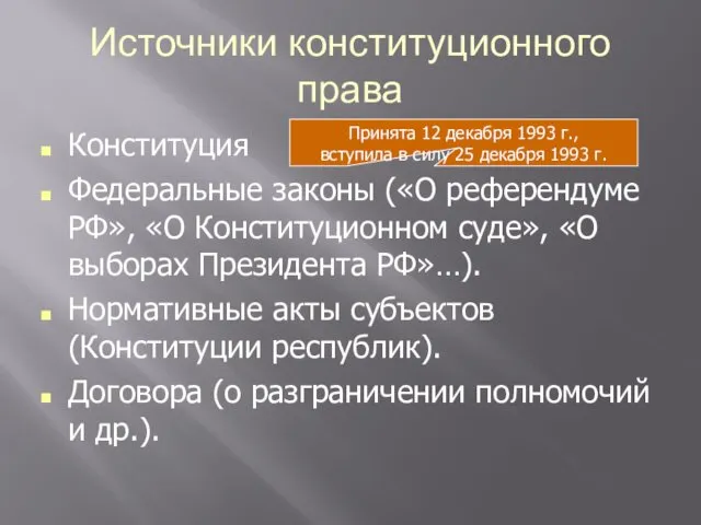 Источники конституционного права Конституция Федеральные законы («О референдуме РФ», «О Конституционном