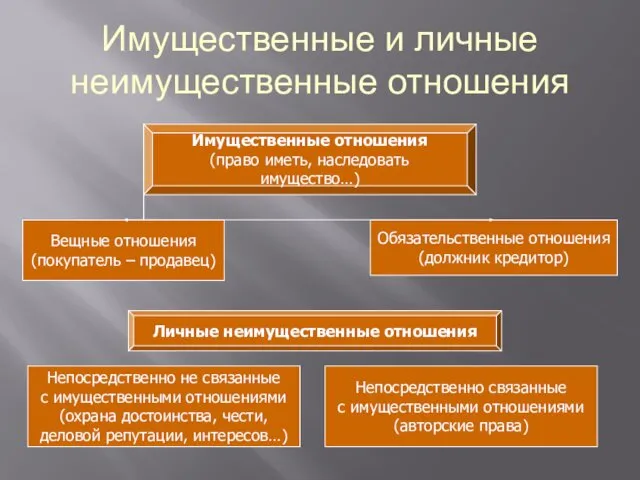 Имущественные и личные неимущественные отношения Имущественные отношения (право иметь, наследовать имущество…)