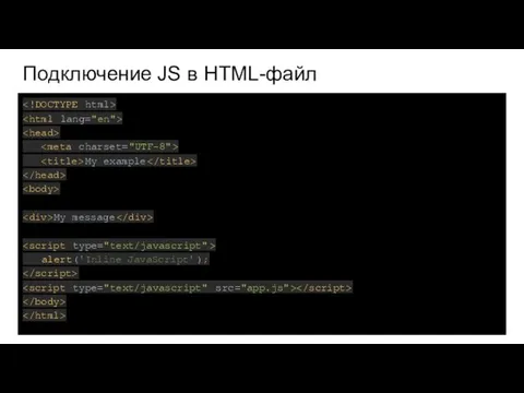 Подключение JS в HTML-файл My example My message alert('Inline JavaScript');