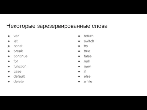 Некоторые зарезервированные слова var let const break continue for function case