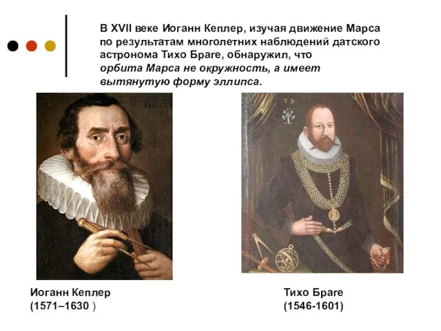 Иоганн Кеплер (1571–1630 ) Тихо Браге (1546-1601) В XVII веке Иоганн