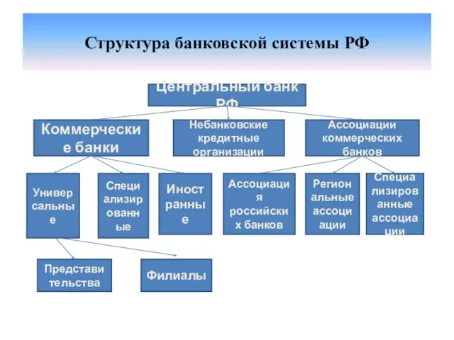 Структура банковской системы РФ Коммерческие банки Небанковские кредитные организации Ассоциации коммерческих