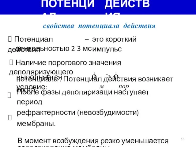 ПОТЕНЦИАЛ ДЕЙСТВИЯ свойства потенциала действия ⮚ Потенциал действия – это короткий