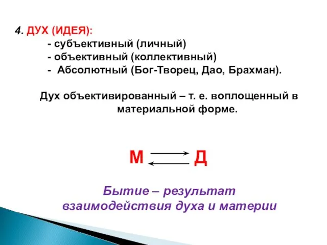 4. ДУХ (ИДЕЯ): - субъективный (личный) - объективный (коллективный) - Абсолютный