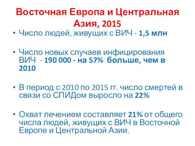 Восточная Европа и Центральная Азия, 2015 Число людей, живущих с ВИЧ