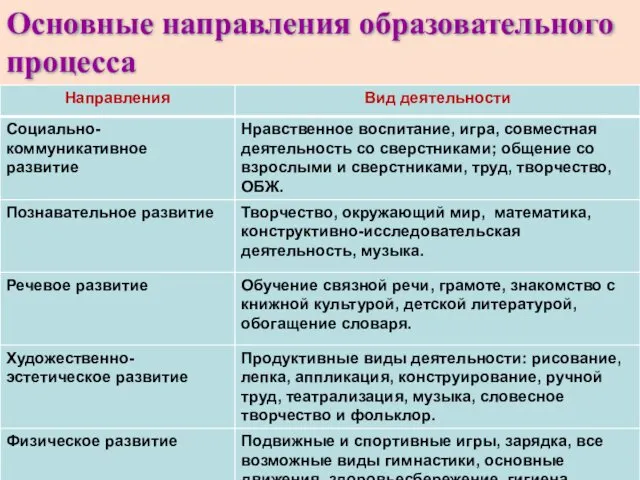 Основные направления образовательного процесса