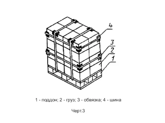 1 - поддон; 2 - груз; 3 - обвязка; 4 - шина Черт.3