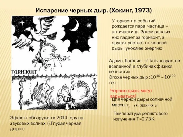 Испарение черных дыр. (Хокинг, 1973) У горизонта событий рождается пара частица