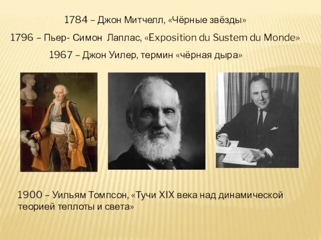 1784 – Джон Митчелл, «Чёрные звёзды» 1796 – Пьер- Симон Лаплас,